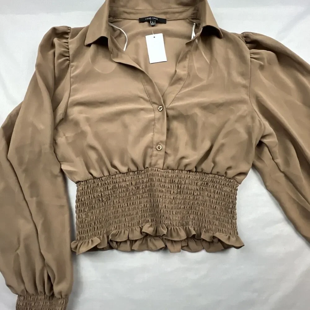 Love Tree Button Up Smocked Waist Puff Sleeve Blouse Large NWT